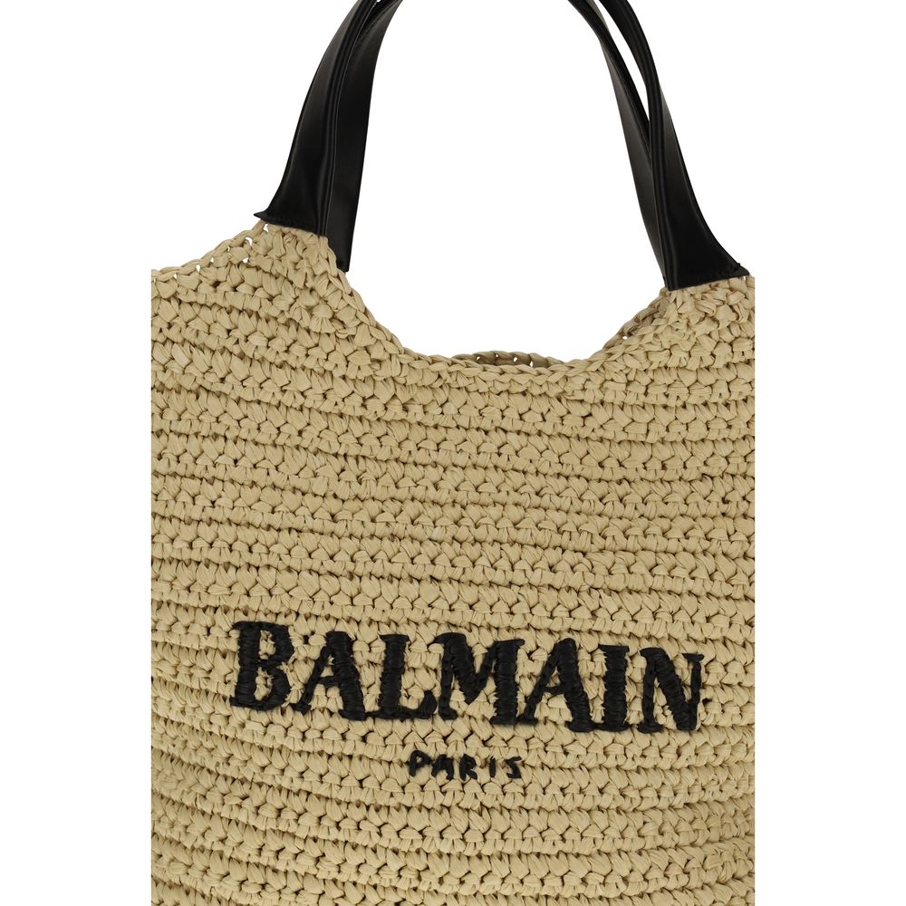 Mni Tote Shoulder Bag by Balmain for women in leather & viscose beige & signature presents a versatile silhouette, showcasing a secure and versatile with versatile handle for a sophisticated look.