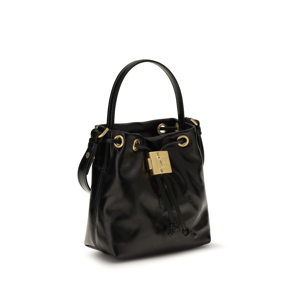 Large Crossbody Bucket Handbag by Balmain for women in bos taurus calf leather black features an effortlessly chic silhouette, showcasing a secure drawstring, effortlessly chic , and versatile crossbody-strap, shoulder-strap, adjustable-strap & handle.