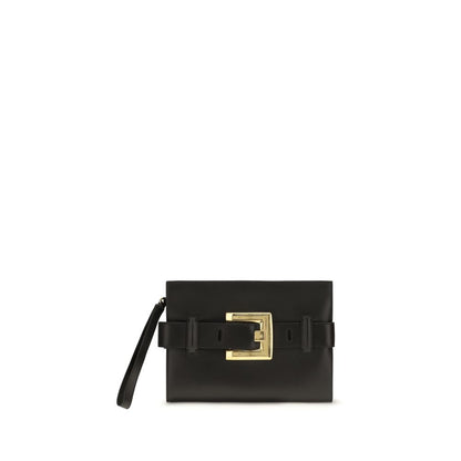 Clutch Shoulder Bag by Balmain for women in embossed leather black, gold & signature features a distinguished silhouette, showcasing a secure zipper & buckle and distinguished cardholder with versatile belt-strap for a distinguished finish.