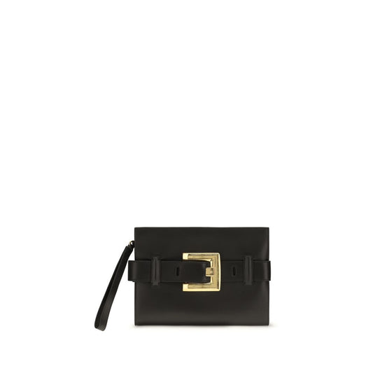 Clutch Shoulder Bag by Balmain for women in embossed leather black, gold & signature features a distinguished silhouette, showcasing a secure zipper & buckle and distinguished cardholder with versatile belt-strap for a distinguished finish.