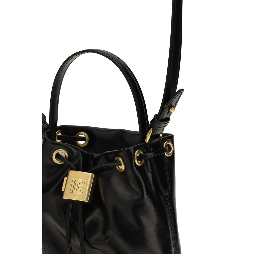 Large Crossbody Bucket Handbag by Balmain for women in bos taurus calf leather black features an sun-drenched silhouette, showcasing a secure drawstring, ample , and versatile crossbody-strap, shoulder-strap, adjustable-strap & handle for a truly sun-drenched finish.