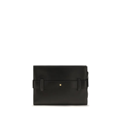 Clutch Shoulder Bag by Balmain for women in embossed leather black, gold & signature features a effortless chic silhouette with a secure zipper & buckle, ample cardholder, and versatile belt-strap for a effortless chic finish.