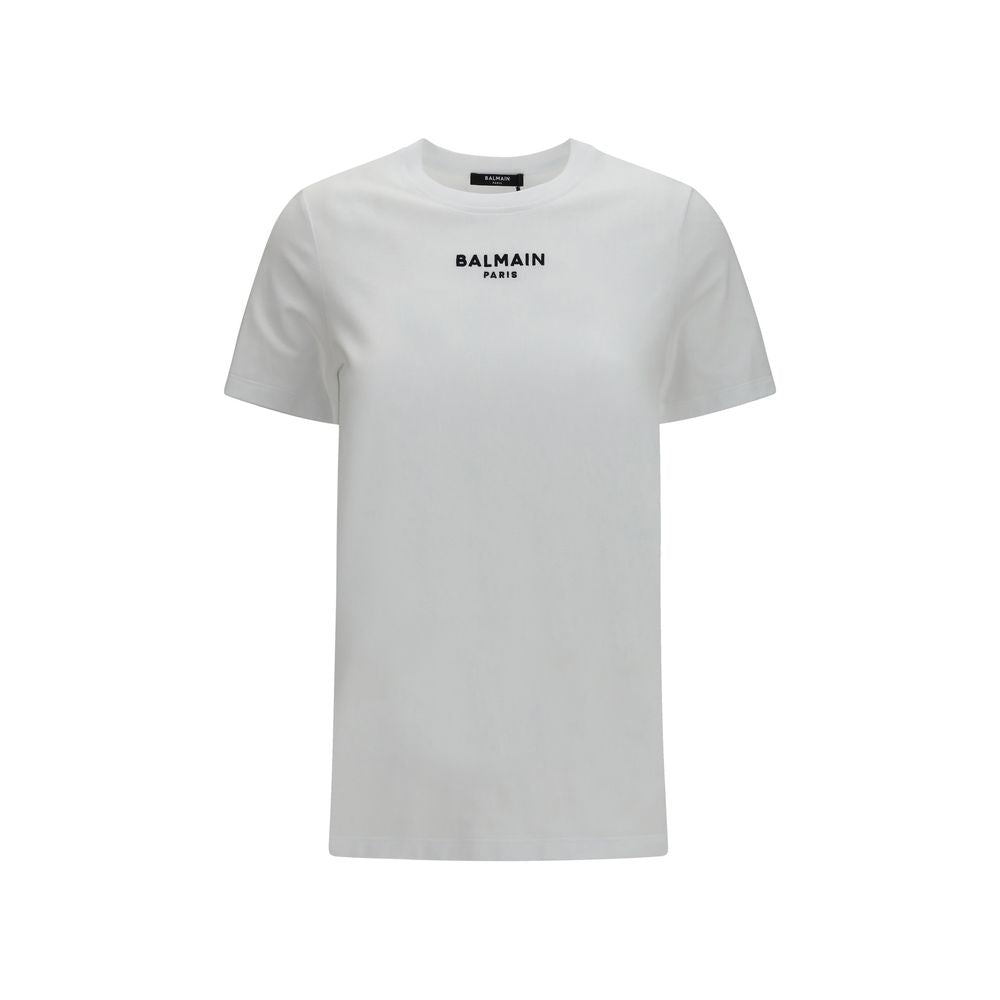 T-Shirt by Balmain for women in cotton white & signature showcases a fashionable silhouette, elegantly detailed with a fashionable short-sleeve and round crew neckline for a sophisticated, high-fashion look.