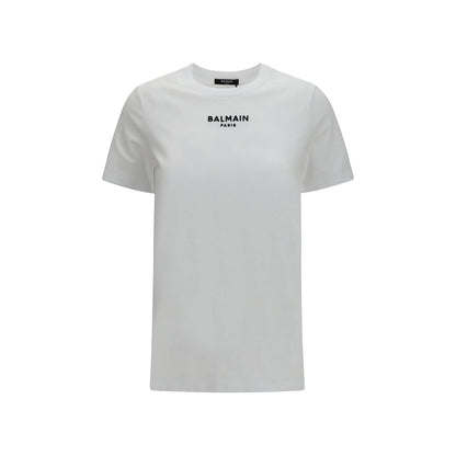 T-Shirt by Balmain for women in cotton white & signature showcases a fashionable silhouette, elegantly detailed with a fashionable short-sleeve and round crew neckline for a sophisticated, high-fashion look.