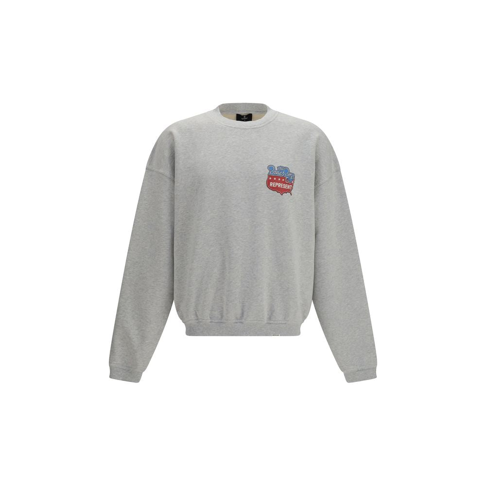 Sweatshirt Hoodie by Represent for men in cotton gray & print features an avant-garde silhouette, showcasing a sophisticated round hooded crew neckline and detail for a truly avant-garde finish.