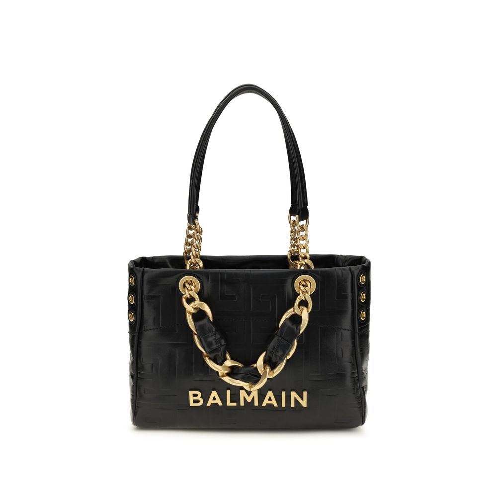 Small Tote Shoulder Bag by Balmain for women in embossed bos taurus calf leather black, gold & signature features a distinguished silhouette, showcasing a secure snap, zipper, hook & button and distinguished with versatile adjustable-strap & handle for a distinguished finish.