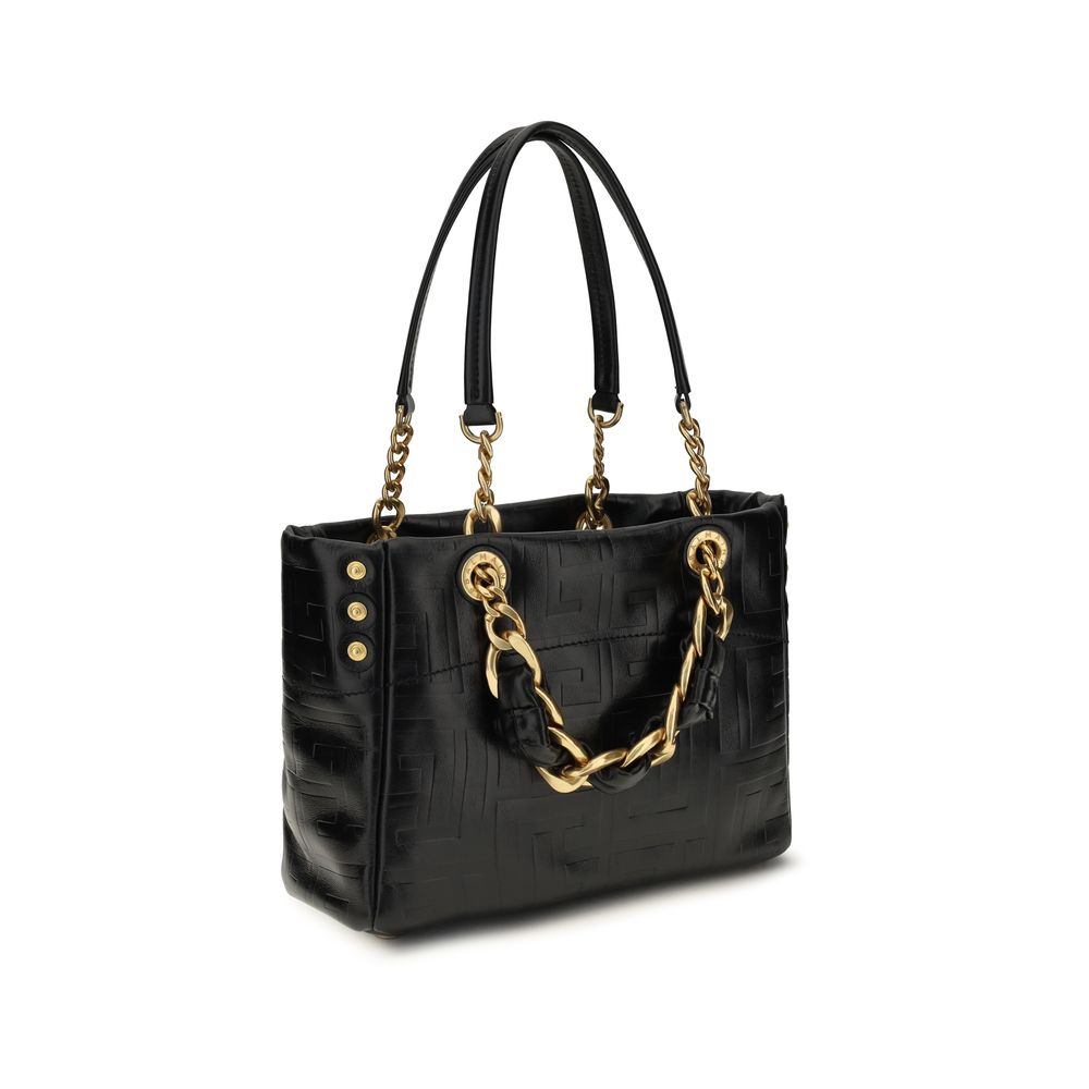 Small Tote Shoulder Bag by Balmain for women in embossed bos taurus calf leather black, gold & signature showcases a enviable silhouette, artfully detailed with a secure snap, zipper, hook & button, organized , and versatile adjustable-strap & handle for a enviable look.