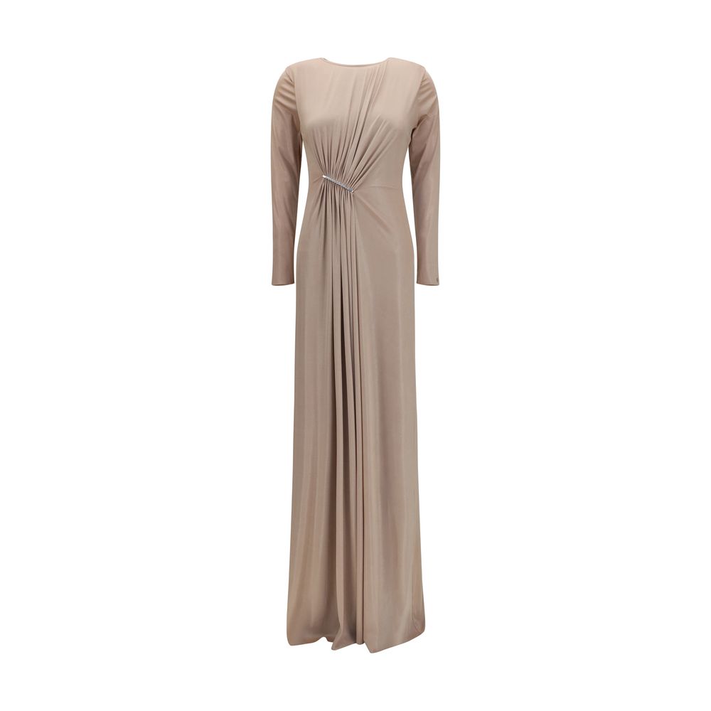 Dress by Nissa for women in polyester chiffon & crystal beige features a dramatic silhouette, showcasing an elegant and long-sleeve that flows into a dramatic long.