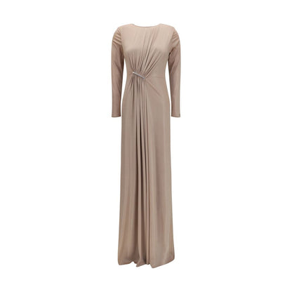 Dress by Nissa for women in polyester chiffon & crystal beige features a dramatic silhouette, showcasing an elegant and long-sleeve that flows into a dramatic long.