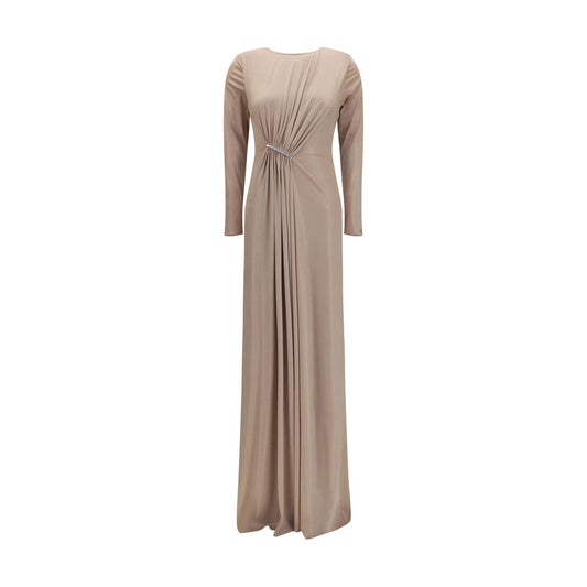 Dress by Nissa for women in polyester chiffon & crystal beige features a dramatic silhouette, showcasing an elegant and long-sleeve that flows into a dramatic long.