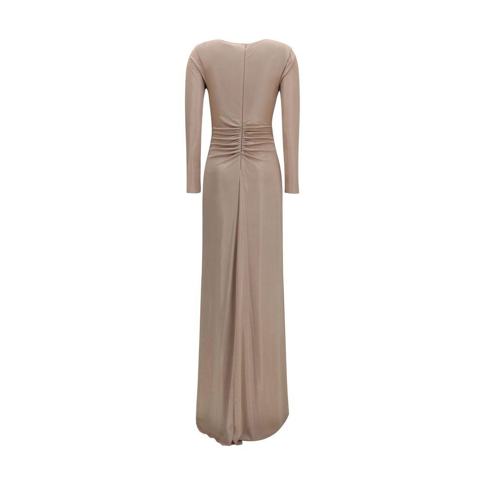 Dress by Nissa for women in polyester chiffon & crystal beige features a dramatic silhouette, showcasing an elegant and that flows into a dramatic long.
