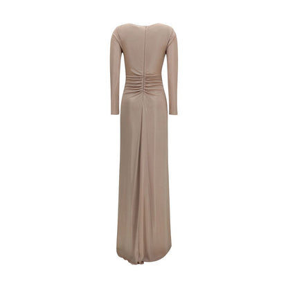 Dress by Nissa for women in polyester chiffon & crystal beige features a dramatic silhouette, showcasing an elegant and that flows into a dramatic long.