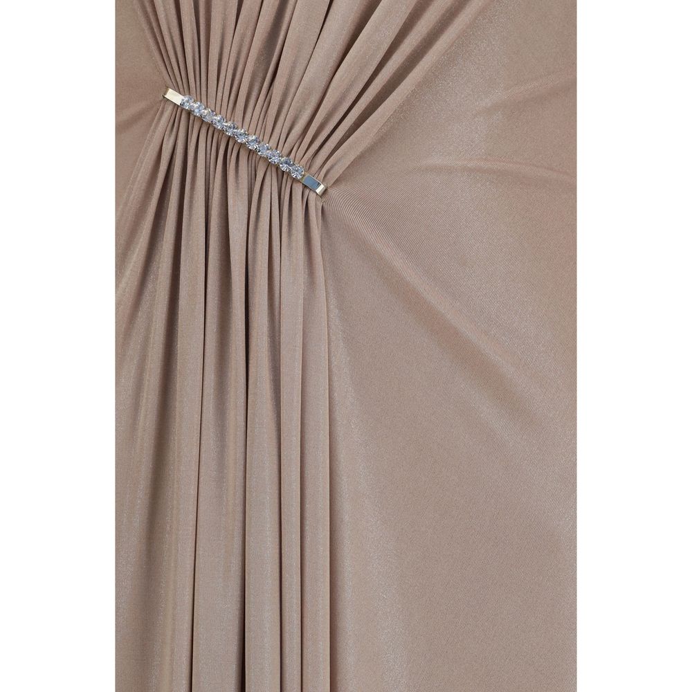 Dress by Nissa for women in polyester chiffon & crystal beige features an sultry silhouette defined by a and , falling to an sultry long for a sultry look.