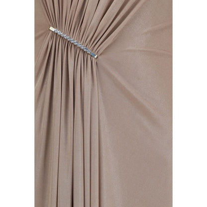 Dress by Nissa for women in polyester chiffon & crystal beige features an sultry silhouette defined by a and , falling to an sultry long for a sultry look.
