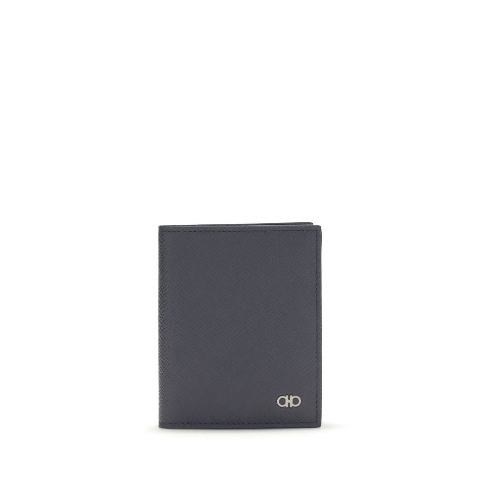 Cardholder Wallet by Ferragamo for men in bos taurus calfskin nappa leather & palladium blue, palladium & signature features a sleek silhouette, showcasing the sleek Gancini Bos Taurus Calfskin Nappa Leather & Palladium Cardholder Wallet design with sophisticated card-organization compact-design for a premium look.