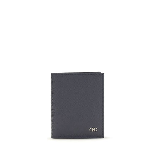 Cardholder Wallet by Ferragamo for men in bos taurus calfskin nappa leather & palladium blue, palladium & signature features a sleek silhouette, showcasing the sleek Gancini Bos Taurus Calfskin Nappa Leather & Palladium Cardholder Wallet design with sophisticated card-organization compact-design for a premium look.