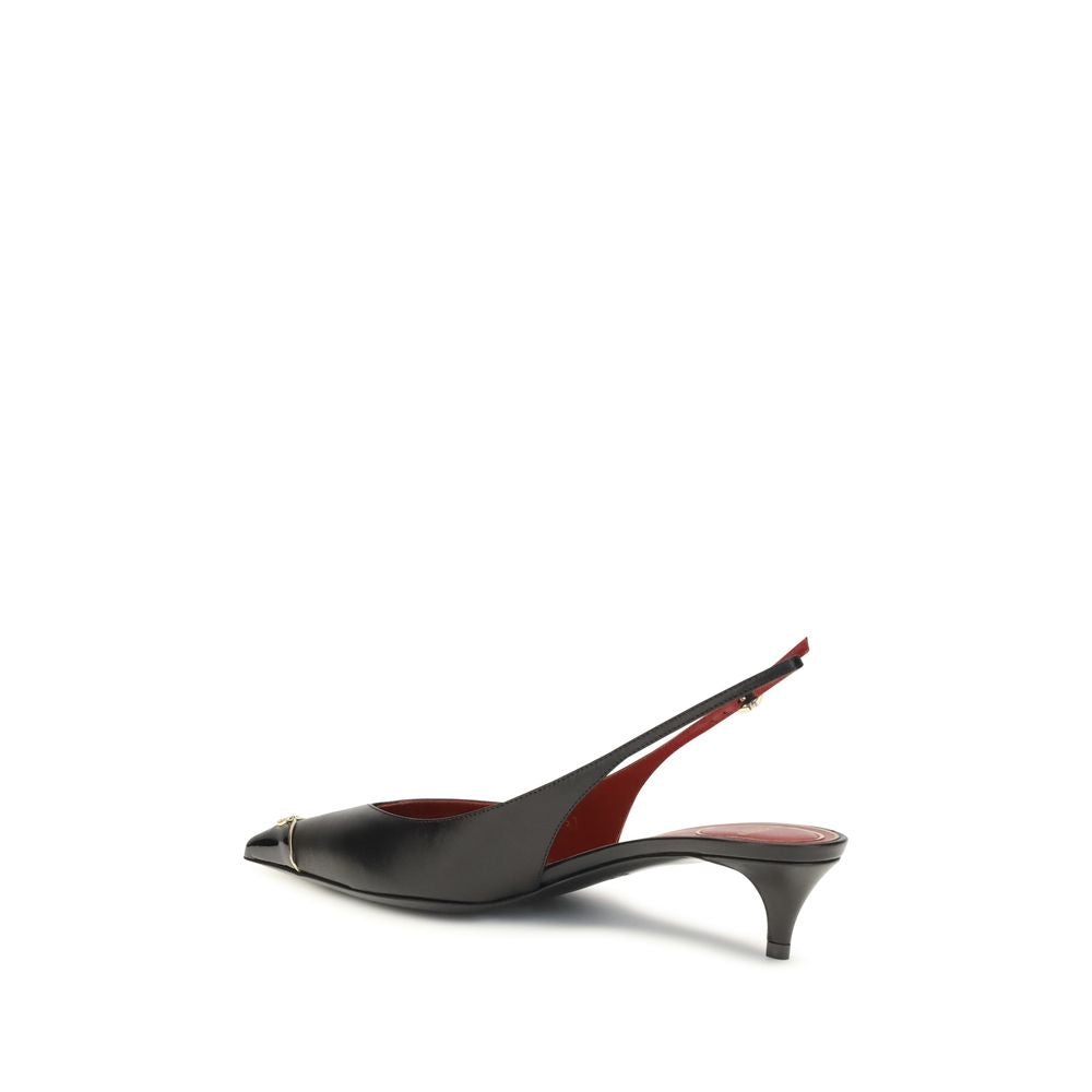 Mid-Heel Kitten Slingback Pumps Heels by Valentino Garavani for women in bos taurus calf leather black, gold & signature features a effortlessly chic V Logo Women's Bos Taurus Calf Leather Mid-Heel Kitten Slingback Pumps Heels design with a sophisticated mid-heel kitten-heel and elegant pointed toe style.