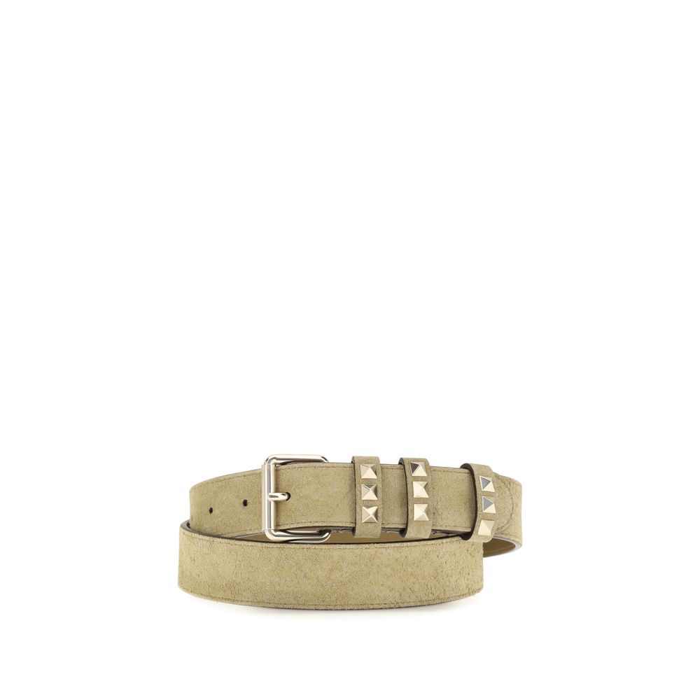 Belt by Valentino Garavani for women in suede leather beige & gold presents a artisanal silhouette from the Rockstud Suede Leather Belt collection, showcasing an artisanal design and refined craftsmanship for a artisanal look.