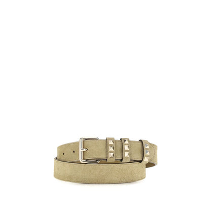 Belt by Valentino Garavani for women in suede leather beige & gold presents a artisanal silhouette from the Rockstud Suede Leather Belt collection, showcasing an artisanal design and refined craftsmanship for a artisanal look.