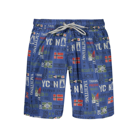 Swim Shorts by Norway 1963 for men in polyester blue, sand & print showcases a sculptural silhouette, expertly capturing the sophisticated essence of the sculptural Waves Men's Polyester Swim Shorts design for a premium poolside look.