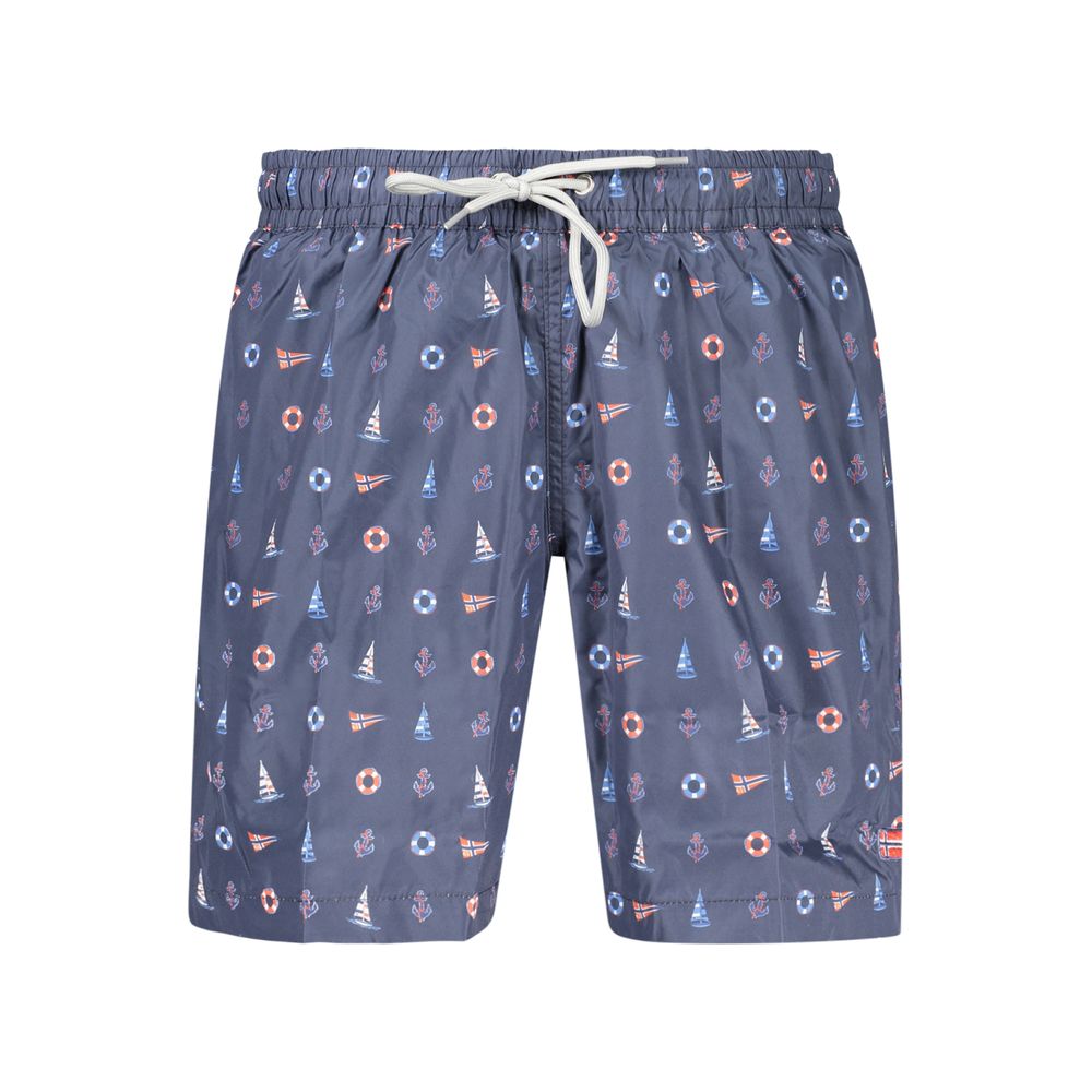 Swim Shorts by Norway 1963 for men in polyester blue & print features an dramatic silhouette that defines the luxurious aesthetic and refined cut of the Men's Polyester Swim Shorts.