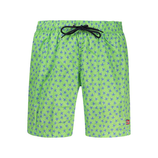 Swim Shorts by Norway 1963 for men in polyester blue, green & print presents a beach chic silhouette from the Men's Polyester Swim Shorts collection, showcasing a beach chic cut for a refined poolside look.