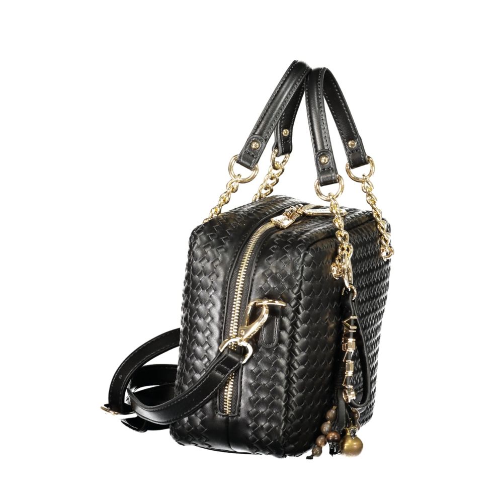 Handbag by Mario Valentino for women in polyurethane cotton black & signature features a ornamental silhouette, showcasing a secure zipper, ample internal-pockets, and ornamental shoulder-strap, adjustable-strap & handle for a sophisticated look.