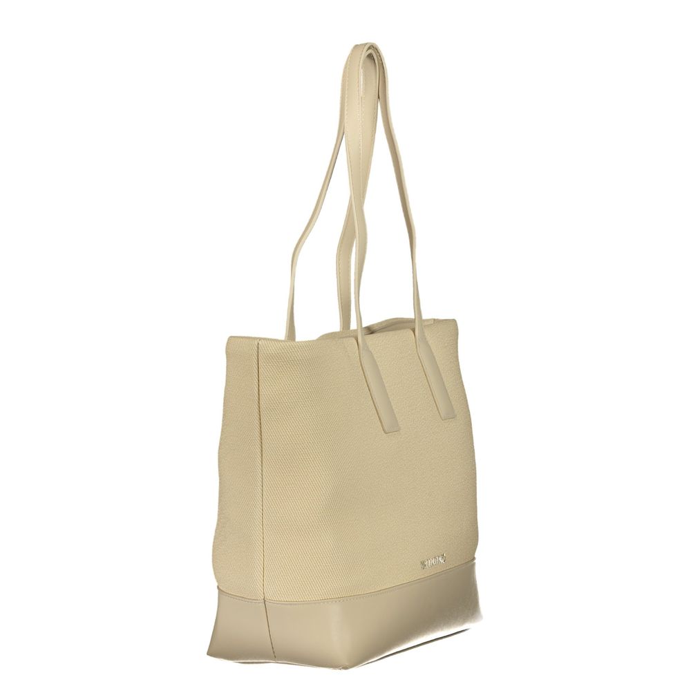 This Shoulder Handbag by Mario Valentino for women in polyurethane and beige & signature presents a sculptural silhouette featuring a secure zipper, ample document-holder & internal-pockets, and versatile shoulder-strap & handle for a sculptural finish.