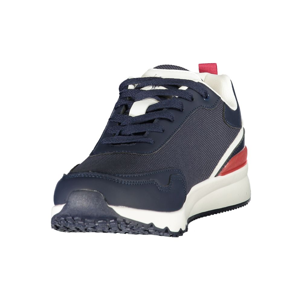Athletic Sneakers by U.S. POLO ASSN. for men in polyester blue, red, white & print features an architectural silhouette, showcasing the premium athletic style of the Men's Athletic Polyester Sneakers with an architectural finish.