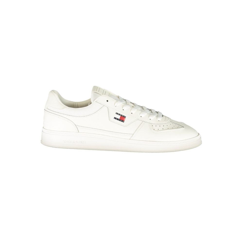 Athletic Sneakers by Tommy Hilfiger for men in polyester white & print features an architectural silhouette, showcasing the premium athletic style of the Men's Athletic Polyester Sneakers with an architectural finish.