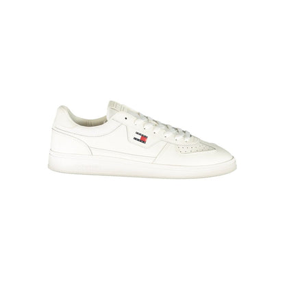 Athletic Sneakers by Tommy Hilfiger for men in polyester white & print features an architectural silhouette, showcasing the premium athletic style of the Men's Athletic Polyester Sneakers with an architectural finish.