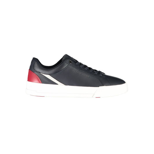 Athletic Sneakers by Tommy Hilfiger for men in polyester blue, red, white & print features an architectural silhouette, showcasing the premium athletic style of the Men's Athletic Polyester Sneakers with an architectural finish.
