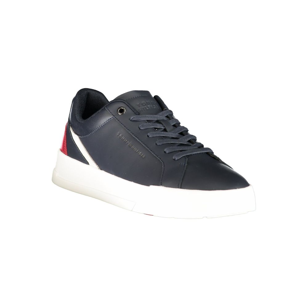 Athletic Sneakers by Tommy Hilfiger for men in polyester blue, red, white & print showcases a architectural silhouette, artfully capturing the essence of the Men's Athletic Polyester Sneakers with its signature architectural athletic style construction.
