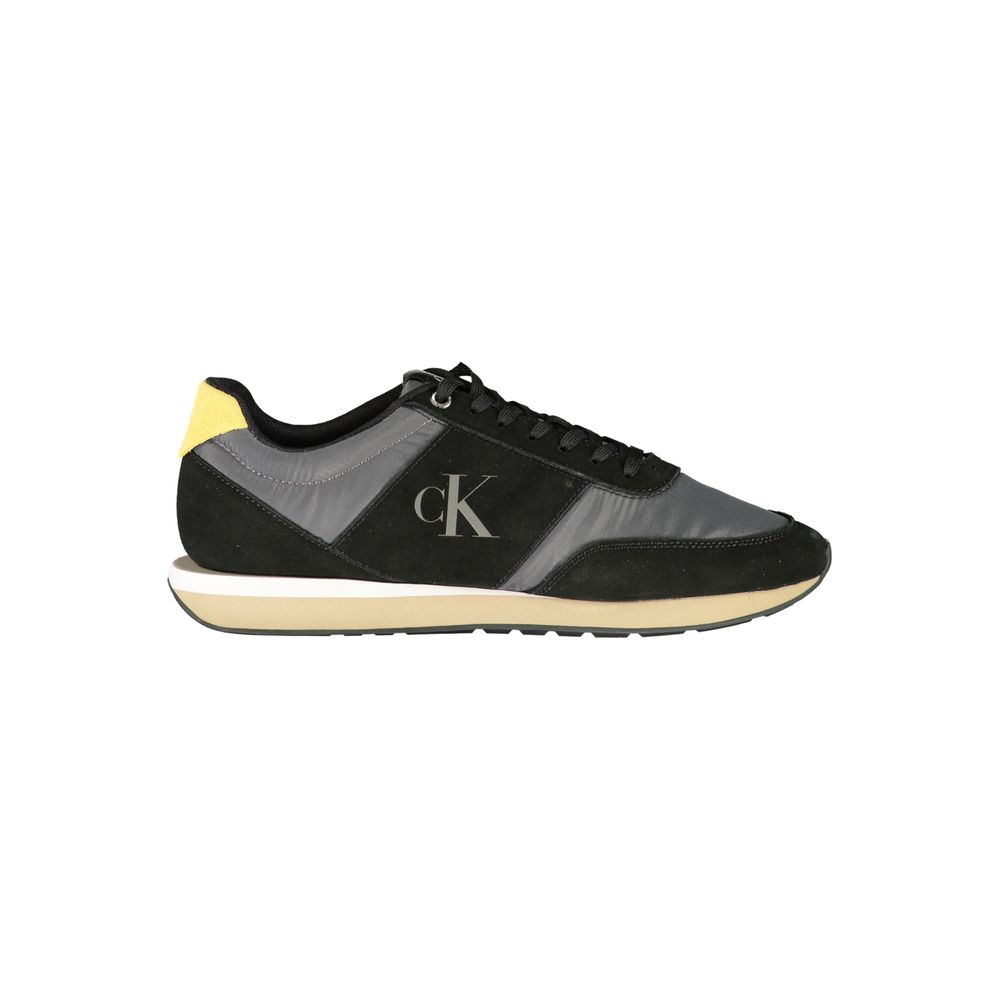Athletic Sneakers by Calvin Klein for men in polyester polyurethane leather black, gray & print showcases a architectural silhouette, artfully capturing the essence of the Men's Athletic Polyester Polyurethane Leather Sneakers with its signature architectural athletic style construction.