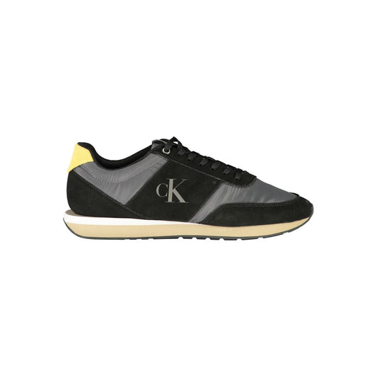 Athletic Sneakers by Calvin Klein for men in polyester polyurethane leather black, gray & print showcases a architectural silhouette, artfully capturing the essence of the Men's Athletic Polyester Polyurethane Leather Sneakers with its signature architectural athletic style construction.