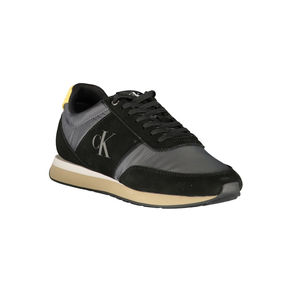 Athletic Sneakers by Calvin Klein for men in polyester polyurethane leather black, gray & print features an stately silhouette, showcasing the signature athletic style of the Men's Athletic Polyester Polyurethane Leather Sneakers collection with a truly stately finish.