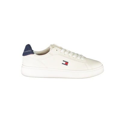 Athletic Sneakers by Tommy Hilfiger for women in polyester polyurethane leather blue, white & print presents a sleek silhouette, perfectly capturing the athletic style essence of Women's Athletic Polyester Polyurethane Leather Sneakers with its sleek design and premium finish.