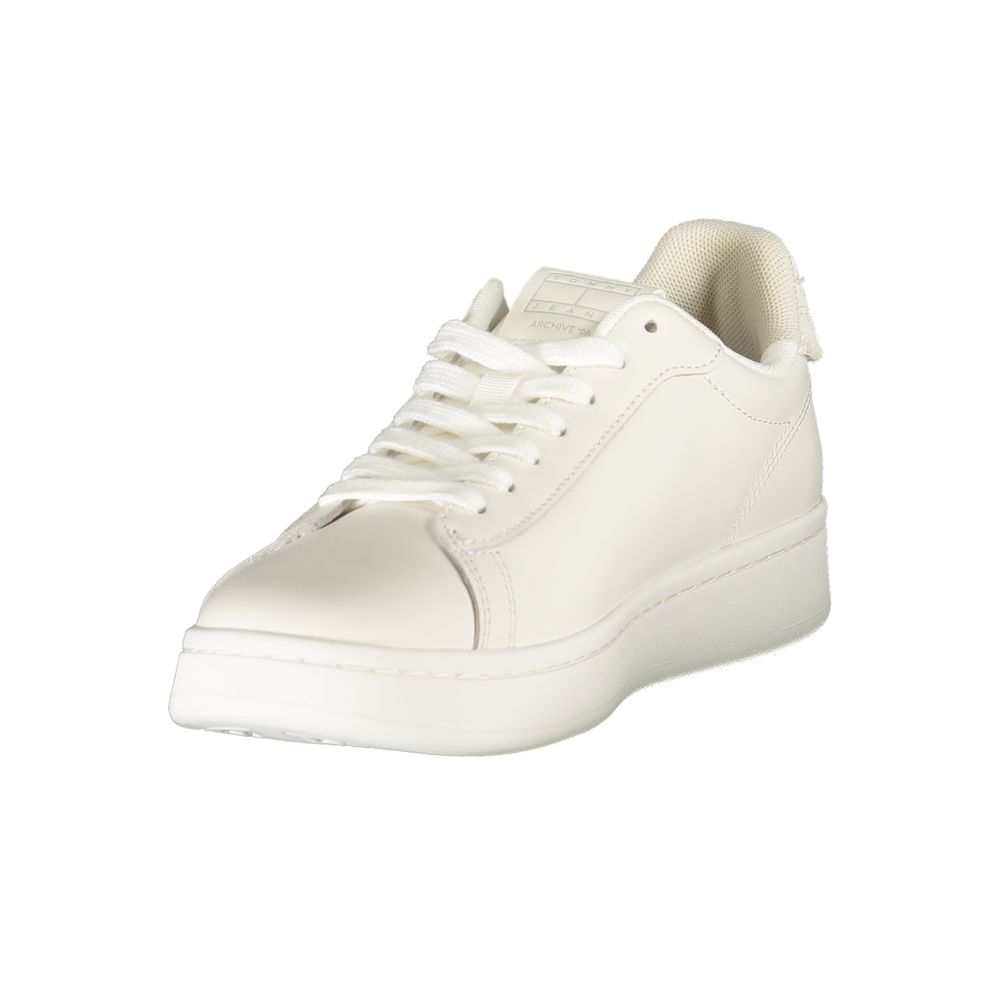 Athletic Sneakers by Tommy Hilfiger for women in polyester polyurethane leather cream, white & print features an architectural silhouette, showcasing the premium athletic style of the Women's Athletic Polyester Polyurethane Leather Sneakers with an architectural finish.