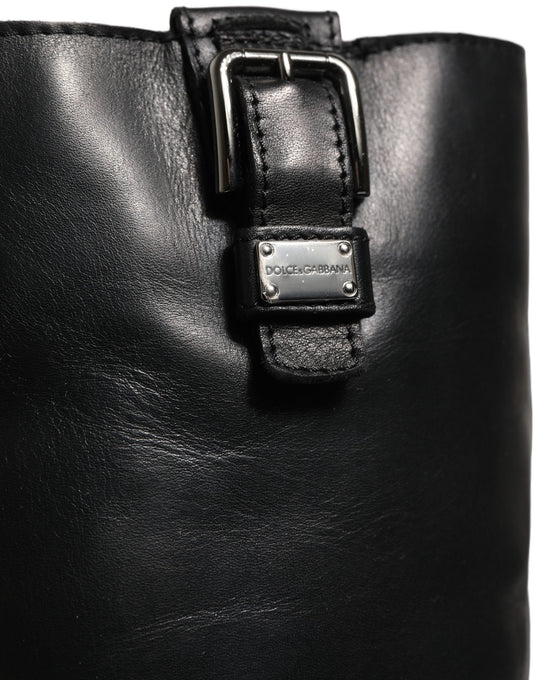 Dolce & Gabbana Black Leather Buckle Detail Mid Calf Boots Shoes