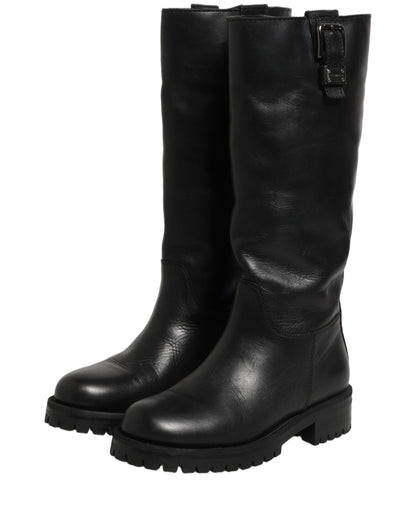 Dolce & Gabbana Black Leather Buckle Detail Mid Calf Boots Shoes