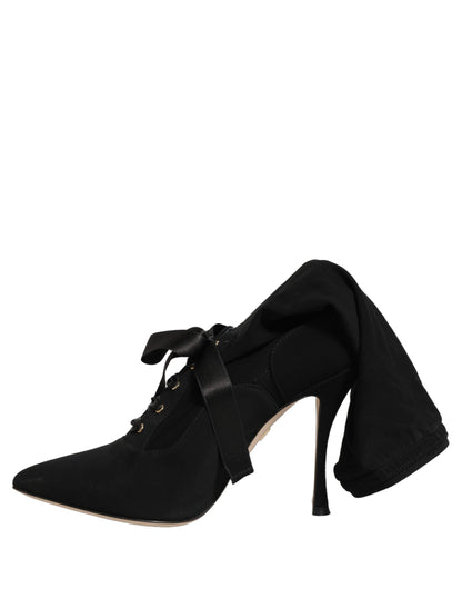 Dolce & Gabbana Women's Viscose Nylon Goat & Calf Leather High-Heel Stiletto Lace-Up Ankle Mid-Calf Boots - Black