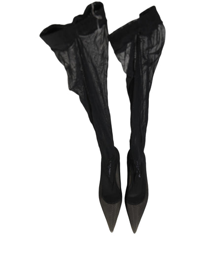 Dolce & Gabbana Women's Leather Nylon & Tulle Flat Over-The-Knee Boots - Black