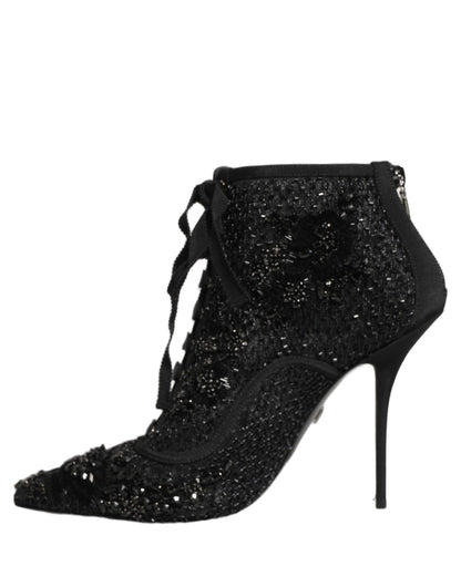 Dolce & Gabbana Women's Goat Leather Nylon & Polyester High-Heel Lace-Up Ankle Short Boots - Black Copper