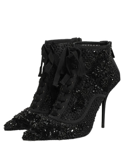 Dolce & Gabbana Black Embellished Mesh Ankle Boots Shoes