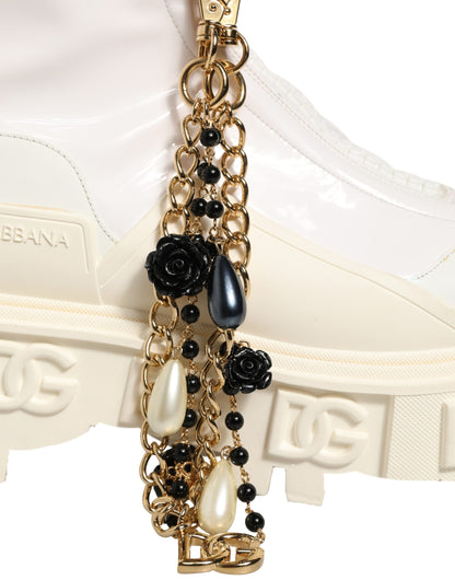 Dolce & Gabbana Women's Polyester Polyurethane Calf & Goat Leather Flat Ankle Biker Boots - White