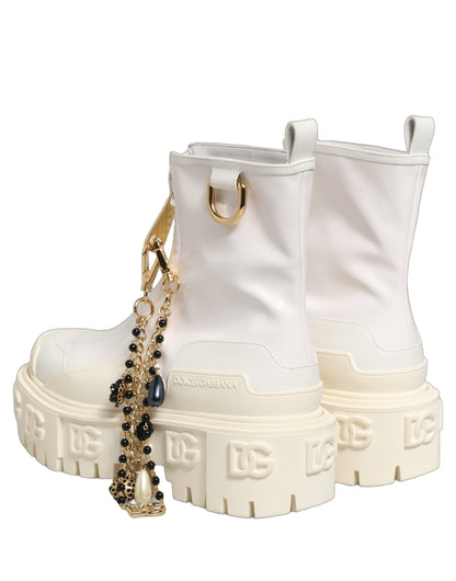 Dolce & Gabbana Women's Polyester Polyurethane Calf & Goat Leather Flat Ankle Biker Boots - White