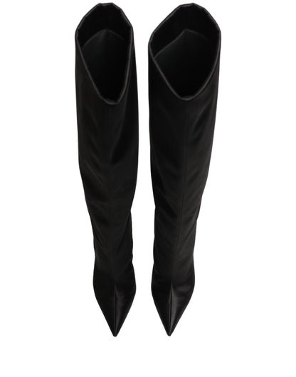 Dolce & Gabbana Black Satin Knee High Stiletto Boots Shoes