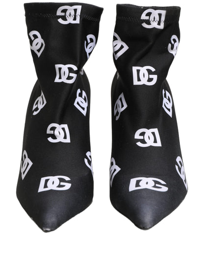 Dolce & Gabbana Women's Polyester & Goat Leather High-Heel Ankle Short Boots - Black White Monogram