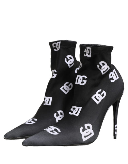 Dolce & Gabbana Women's Polyester & Goat Leather High-Heel Ankle Short Boots - Black White Monogram