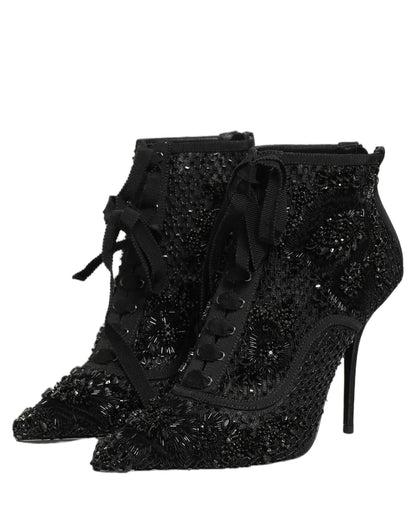 Dolce & Gabbana Black Embellished Mesh Ankle Boots Shoes